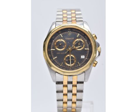 A GENTS TISSOT CHRONOGRAPH WRISTWATCH, round black multi-functional dial signed 'Tissot PR 100', baton markers. Date window a