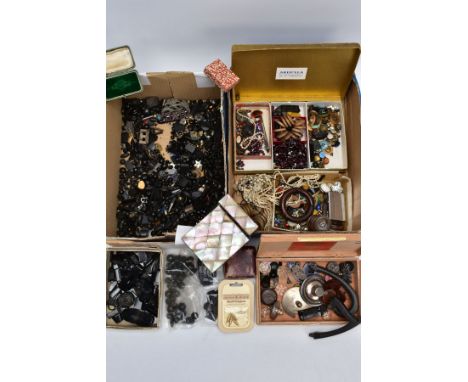 TWO BOXES OF ASSORTED ITEMS, to include a box of black carved cameo pieces, beads and broken carved pieces assessed as a mixt