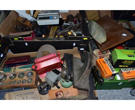 THREE BOXES OF TOOLS, SCIENTIFIC INSTRUMENTS, etc, including an incomplete set of cased weights, HMV gramophone needles in a 
