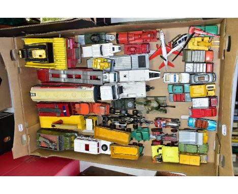 A QUANTITY OF UNBOXED AND ASSORTED PLAYWORN DIECAST VEHICLES, to include Dinky Toys Aveling-Barford Centaur Dump Truck, No.92