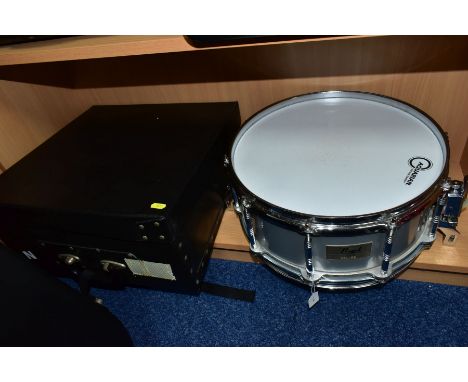 A PEARL ALUMINIUM SHELL,14 INCH X 6 INCH FREE FLOATING SNARE DRUM, serial No 860152 in a fibre case