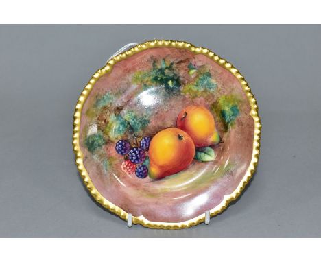 A ROYAL WORCESTER FRUIT STUDY TEA PLATE, silver shape with gilt rim, painted with pears and blackberries, signed J. Cook, pri