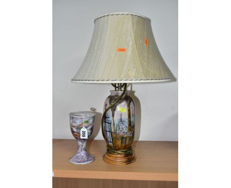 A COBRIDGE STONEWARE BALUSTER TABLE LAMP, decorated with the Sneyd Colliery design, on a wooden base with a cream silk shade,