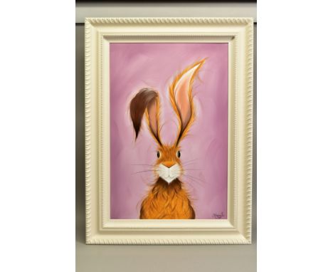 JENNIFER HOGWOOD (BRITISH 1980), 'HATTY HARE', a whimsical portrait of a hare, signed bottom right, signed and titled verso, 