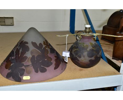 A CAMEO TABLE LAMP IN THE STYLE OF D'ARGENTAL, but signed Argintal, fig leafs and fruit design, globular body and conical sha