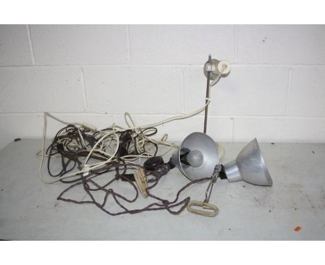 A PAIR OF VINTAGE PHOTAX ALUMINIUM SHADED CLIP ON LAMPS 18cm in diameter and another lamp (untested)( 3)