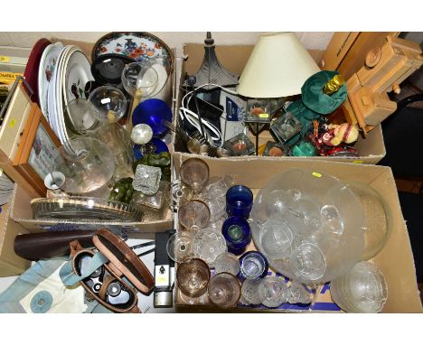 THREE BOXES AND LOOSE, BINOCULARS, PRINTS, MASONIC REGALIA, GLASSWARE, ETC, including a Sankyo 300 movie camera, a pair of Wr