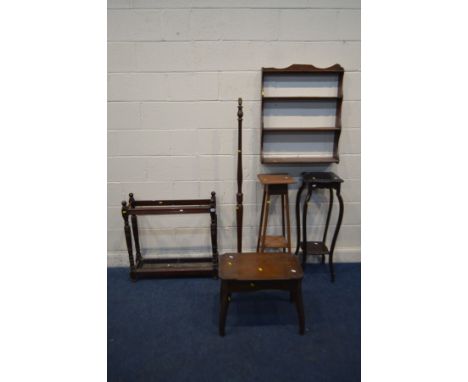AN EDWARDIAN MAHOGANY UMBRELLA STAND (losses) width 76cm x depth 25cm x height 76cm, with a mahogany bidet, two torchere stan