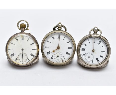 THREE OPEN FACED POCKET WATCHES, the first with a white dial, Roman numerals, seconds subsidiary dial at the six o'clock posi