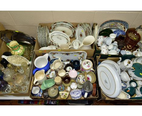 SEVEN BOXES OF CERAMICS AND SUNDRIES, to include Denby Chatsworth tureen and two platters, Denby Greenwheat, Royal Worcester 