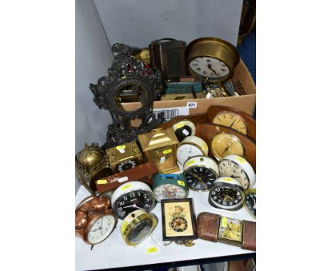 A BOX AND LOOSE ALARM, MANTEL AND OTHER CLOCKS AND PARTS, including a Kenton 'Solid State Clock Radio', a Smiths 8 day lanter