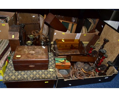 THREE BOXES AND LOOSE TREEN, ETC, including a Victorian rosewood jewellery box, distressed, width 22cm, an oak and glass book