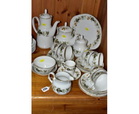 A ROYAL DOULTON LARCHMONT PATTERN PART TEA AND COFFEE SERVICE, comprising a coffee pot, a tea pot, a bachelor's tea pot, milk