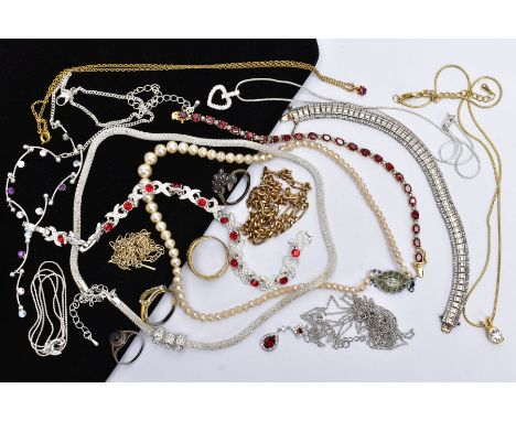 A SELECTION OF JEWELLERY, to include a yellow-coloured metal line bracelet, set with oval cut garnets fitted with an integrat