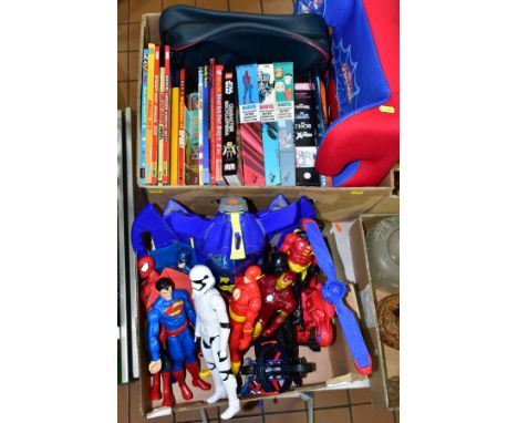 TWO BOXES OF FILM AND TV ACTION FIGURES, CHILDRENS BOOKS AND ANNUALS, etc, including Mattel DC, Hasbro Marvel and Star Wars f