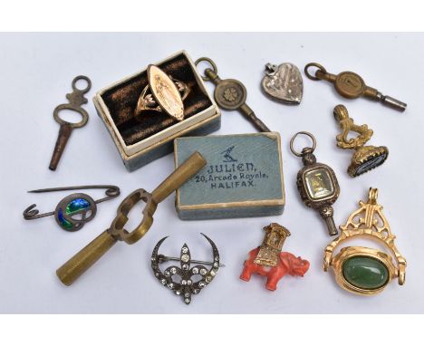 A COLLECTION OF POCKET WATCH KEYS, gold plated fobs and jewellery items to include a Charles Horner enamel safety pin brooch,