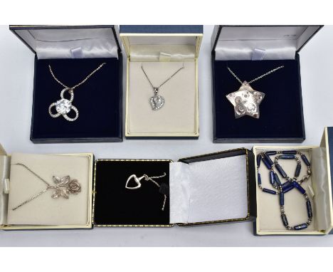 A SELECTION OF SIX CASED PIECES OF JEWELLERY, to include a silver pendant in the form of a rose, hallmarked Birmingham, suspe