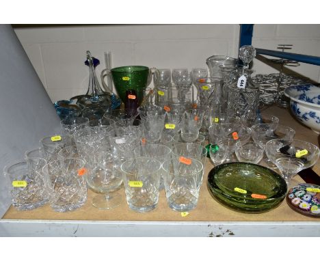 ASSORTED GLASSWARES, to include cut glass whisky glasses, vases, decanter, Stuart Crystal wheel cut sundae bowls, Whitefriars