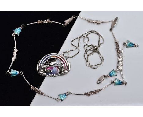 TWO WHITE METAL AND ENAMEL NECKLACES, the first designed with a white metal and colourful enamel pendant of a rainbow, flamin