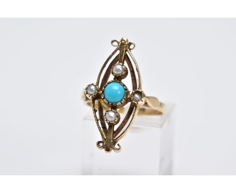 AN EDWARDIAN SPLIT PEARL AND TURQUOISE RING, the yellow metal ring of an openwork marquise form set with a central circular t