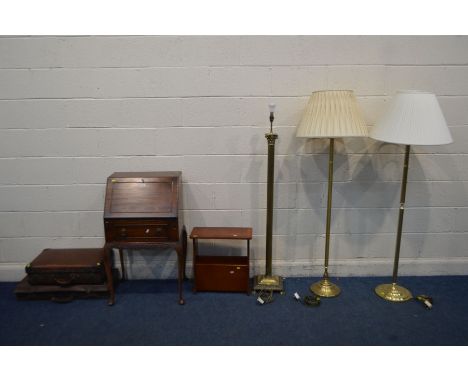 A MAHOGANY LADIES BUREAU on cabriole legs, width 58cm x depth 42cm x height 96cm (key) along with three brassed standard lamp