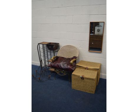 A MODERN DRINKS STAND, with wine cooler and wine racks, together with a wicker back open armchair with a later leather cushio