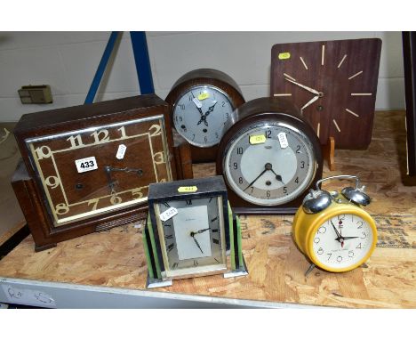 SEVEN CLOCKS, to include an 8 day Art Deco chrome and bakelite example, Smiths bakelite cased clock, Art Deco oak cased recta