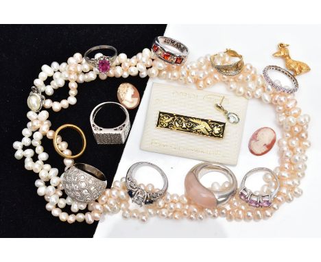 A SELECTION OF JEWELLERY, to include a multi strand cultured Rice Krispie pearl strand necklace fitted with a white metal int