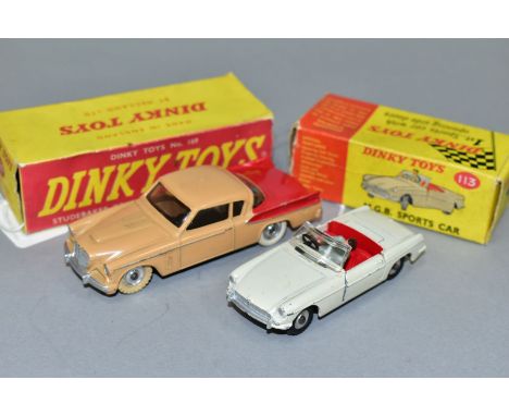 TWO BOXED DINKY TOYS CARS, M.G.B Sports Car, No 113 and Studebaker Golden Hawk, No 169, Hawk has tan body, red panels and spu