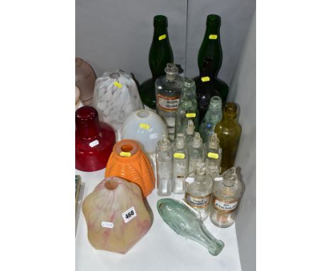 GLASS CHEMIST BOTTLES, etc, to include Tinct Myrrhae, SP Aeth: Sulph, Aqua Rosae, TR Valerian Ammon, Ess Raspberry, Tint Aura