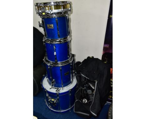 A PEARL BLX FIVE PIECE DRUM KIT, in sheer blue with a set of Pearl padded cases, comprising a 22inch x 16inch kick, a 16inch 