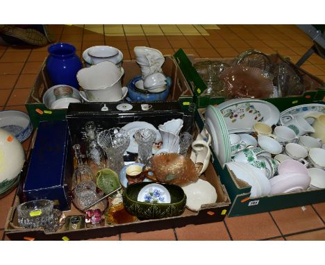 FOUR BOXES AND LOOSE CERAMICS AND GLASS, ETC, to include Royal Sutherland and Tuscan china tea wares, Royal Worcester serving