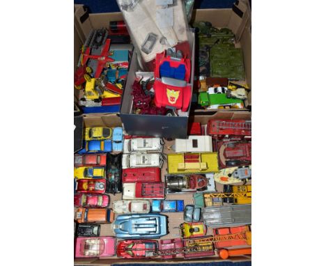A QUANTITY OF UNBOXED AND ASSORTED PLAYWORN DIECAST VEHICLES, to include assorted Dinky &amp; Corgi film and TV related vehic