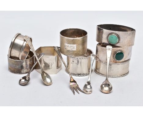 AN ASSORTEMENT OF SILVER NAPKIN RINGS AND SALT SPOONS, to include eight napkin rings of various designs such as a pair of ova