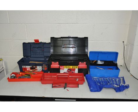 THREE TOOLS BOXES CONTAINING spanners, combination square, auger bits, a vintage drill (untested) etc (3)