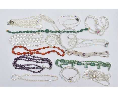 A BOX OF ASSORTED COSTUME JEWELLERY, to include a polished aventurine quartz beaded necklace fitted with a white metal spring