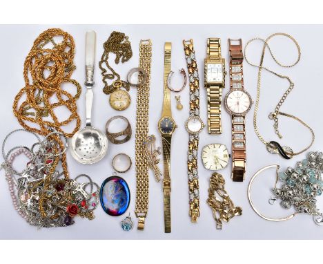A SELECTION OF COSTUME JEWELLERY, WRISTWATCHES AND ITEMS, to include a variety of yellow and white metal necklaces, rings, br