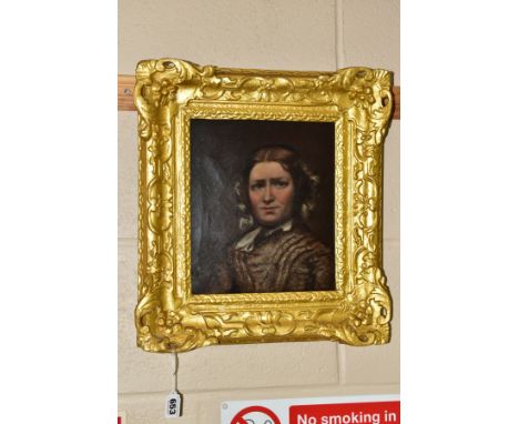 A HEAD AND SHOULDERS PORTRAIT OF A VICTORIAN LADY, unsigned oil on canvas, framed, size approximately 25cm X 22cm