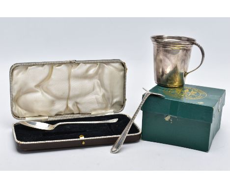 A SILVER JUG AND A CASED BABY FEEDIING SET, the silver jug of a plain polished tapered design fitted with a textured handled,