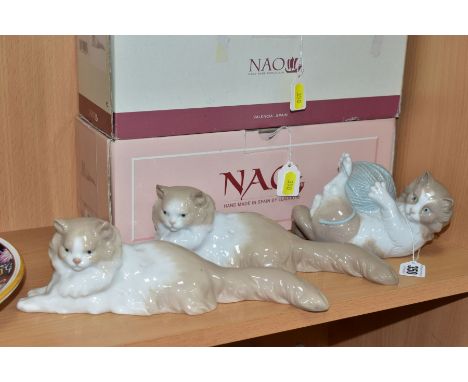 THREE BOXED NAO CAT FIGURES, comprising 00259 'Gatito Panza Arriba' and two 00113 'Gato de Angora' (angora's cat), all three 