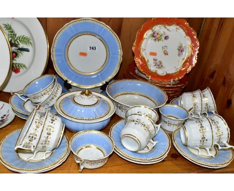 A VICTORIAN PORCELAIN PART TEA SERVICE, pale blue and gilt decoration, comprising a slop bowl, a sucrier and cover, two bread