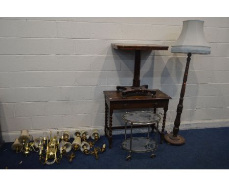 A VICTORIAN MAHOGANY RECTANGUALAR TABLE (Sd and losses) an oak standard lamp with a fabric shade, a silvered oval butlers tro