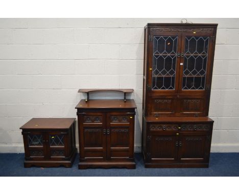 FOUR VARIOUS PIECES OF OLD CHARM FURNITURE, to include a lead glazed two door tv stand, width 68cm x depth 45cm x height 62cm