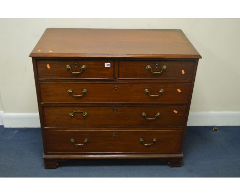 A GEORGE III MAHOGANY STRAIGHT FRONTED CHEST OF TWO OVER THREE LONG GRADUATED DRAWERS, with brass swan neck handles, on brack