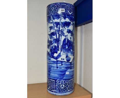 A LATE 19TH CENTURY JAPANESE BLUE AND WHITE PORCELAIN STICK STAND OF CYLINDRICAL FORM, deep floral bands to rims, the main bo