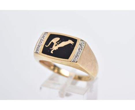 A GENTS 9CT GOLD SIGNET RING, designed with a rectangular black enamel panel depicting a greyhound with number one on it's co