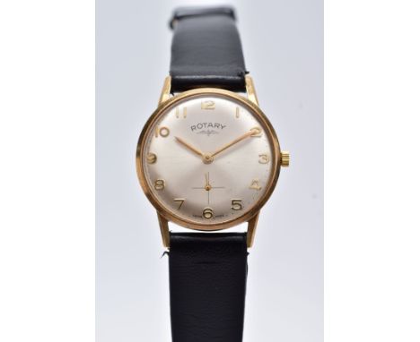 A GENTS 9CT ROTARY WRISTWATCH, with a round silver dial signed 'Rotary', Arabic numerals, seconds subsidiary dial at the six 