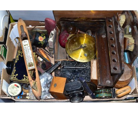 A BOX OF SUNDRY ITEMS, to include smokers pipes, pipe rack, Salters 24T Trade balance scales in wooden case, weaving shuttle 