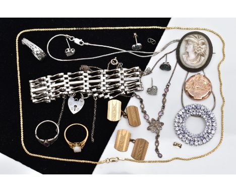 A SELECTION OF JEWELLERY, to include a silver purple cubic zirconia set openwork circular pendant, hallmarked Sheffield, appr