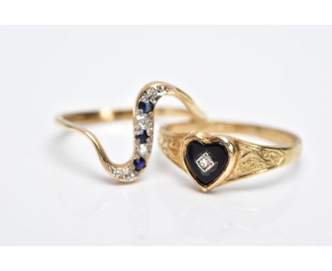 TWO 9CT GOLD GEMSET RINGS, the first of a wave design set with a row of circular cut blue sapphires interspaced with single c